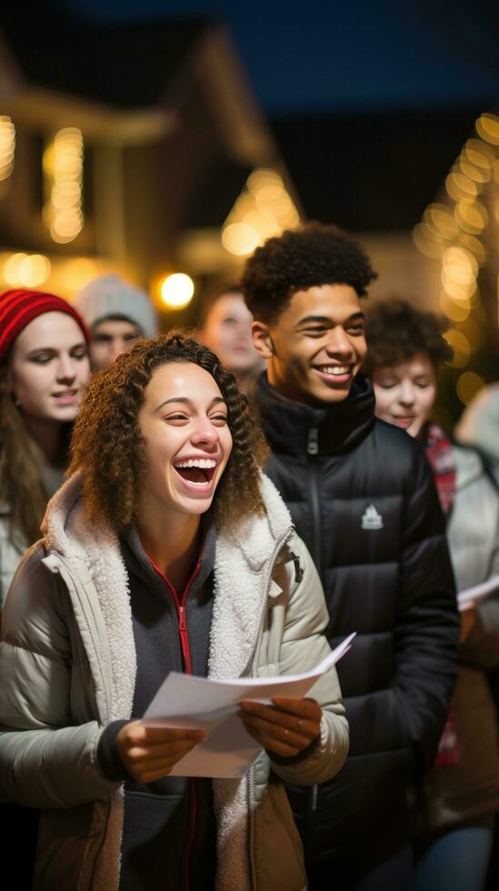 heiter Gruppe Weihnachtslieder im das Gegend foto