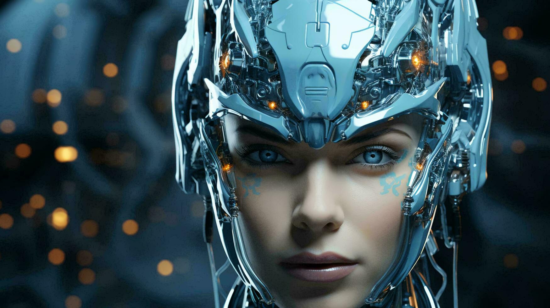 schön Cyborg Roboter Frau futuristisch Hightech Mischung von Mensch und Computer. Synergie zwischen Menschheit und künstlich Intelligenz im das Zukunft foto