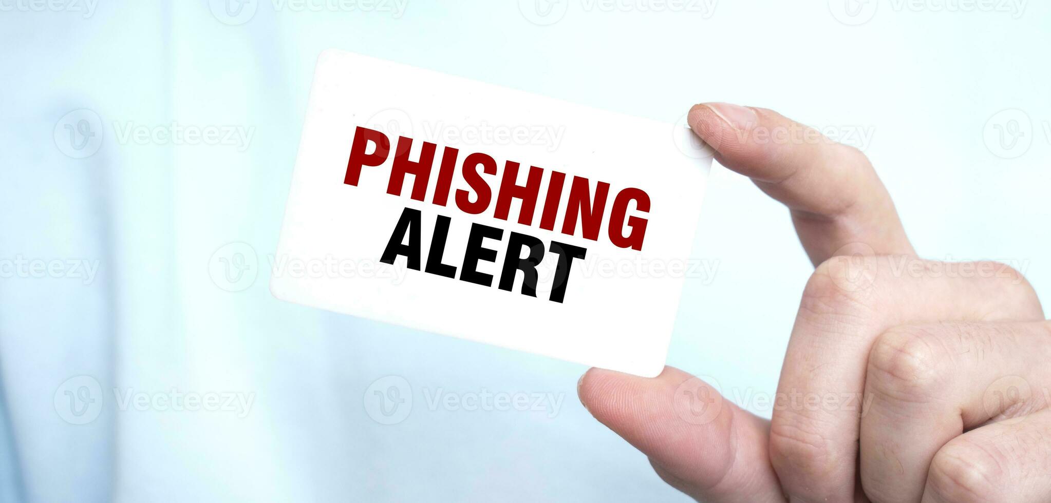 Mann im Blau Sweatshirt halten ein Karte mit Text Phishing Alarm, Geschäft Konzept foto