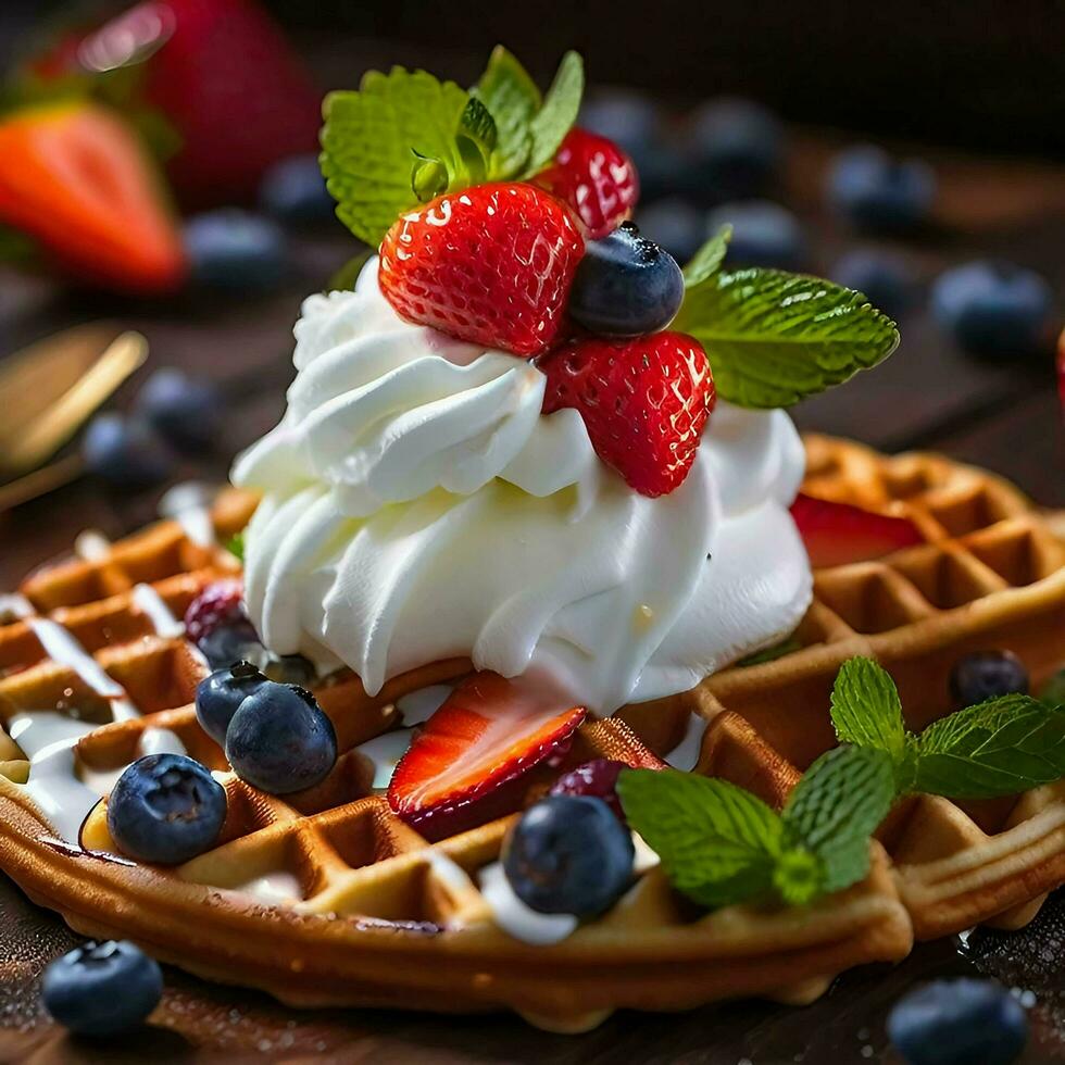 ein köstlich Waffel mit Vanille Eis Creme, frisch Erdbeeren, Blaubeeren, und Minze Blätter auf Spitze, ai generativ foto