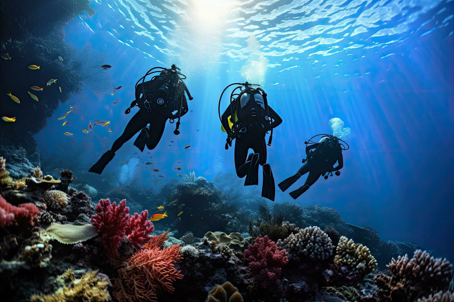 Silhouetten von Tauchen Taucher Schwimmen Über ein Koralle Riff, extrem Taucher im das Koralle Riff, Rückseite Sicht, Nein sichtbar Gesichter, ai generiert foto