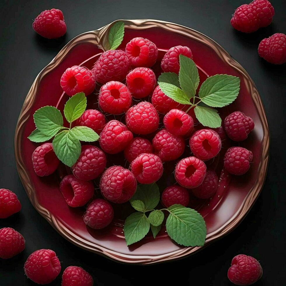 ein Teller von Himbeeren auf schwarz Hintergrund, oben Sicht, ai generativ foto