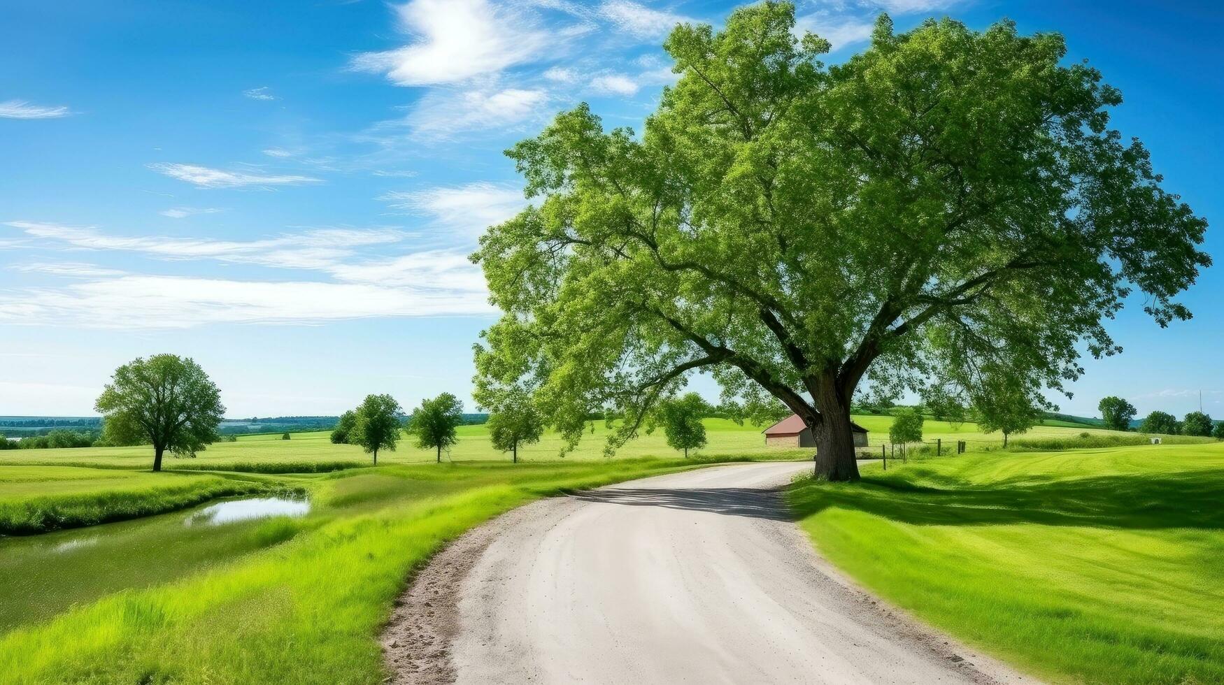 Berg Straße. Landschaft mit Felsen, sonnig Himmel mit Wolken und schön Asphalt Straße im das Abend im Sommer. Autobahn im Berge, generativ ai Illustration foto