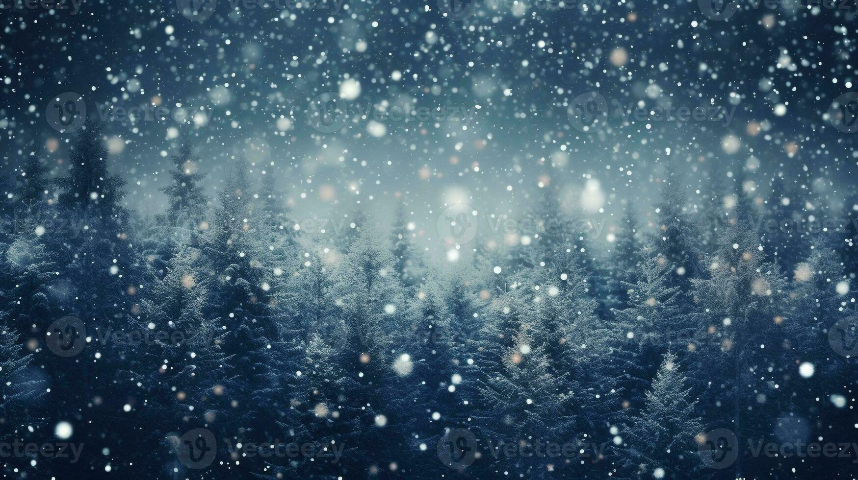 verwischen Schnee fallen mit Kiefer Wald Hintergrund. Weihnachten und Neu Jahr Poster und Gruß Karte Dekoration Konzept. ai generiert foto