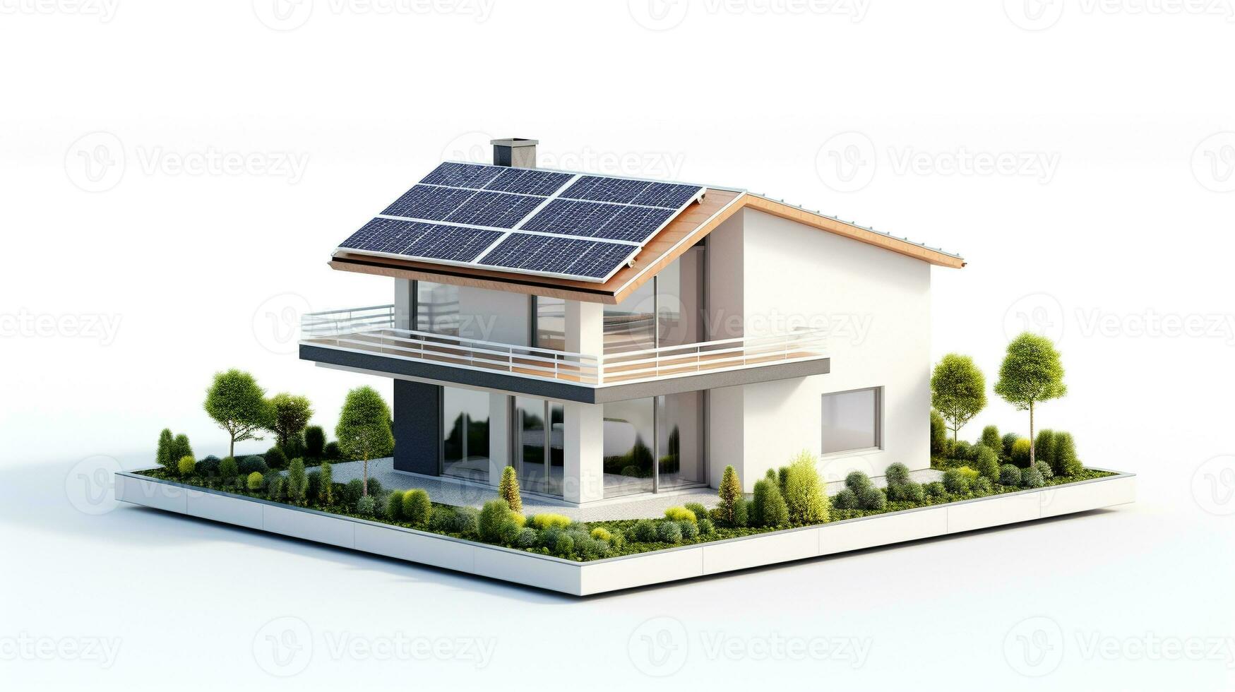 Miniatur Haus Modell- mit Solar- Panel auf Dach auf Weiß Hintergrund. generativ ai foto