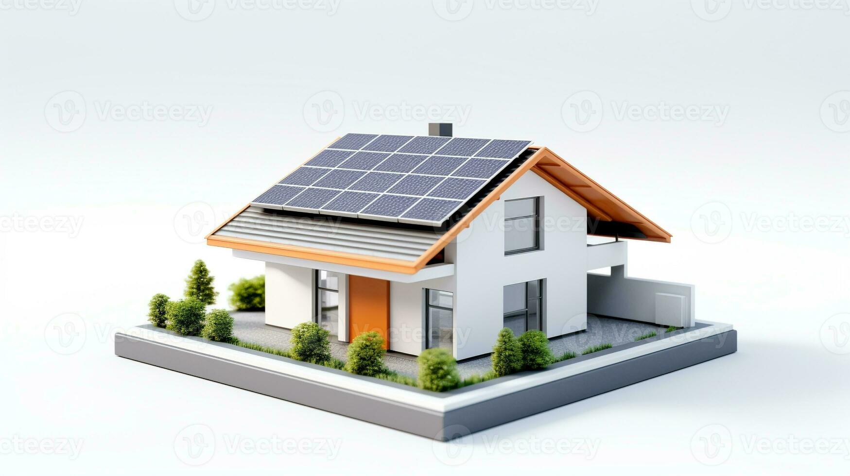 Miniatur Haus Modell- mit Solar- Panel auf Dach auf Weiß Hintergrund. generativ ai foto