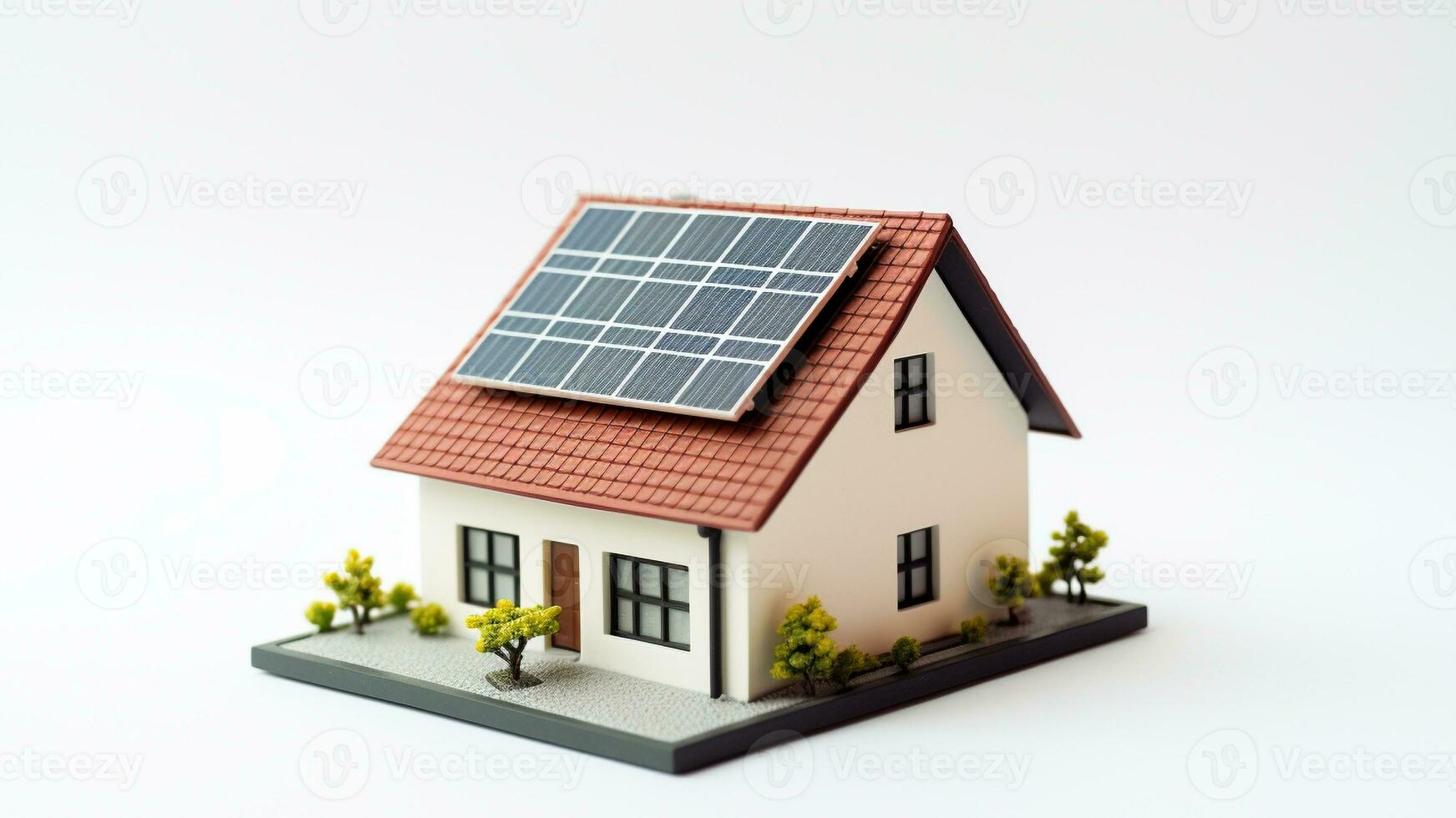 Miniatur Haus Modell- mit Solar- Panel auf Dach auf Weiß Hintergrund. Clever Zuhause Energie Speichern Konzept. generativ ai foto