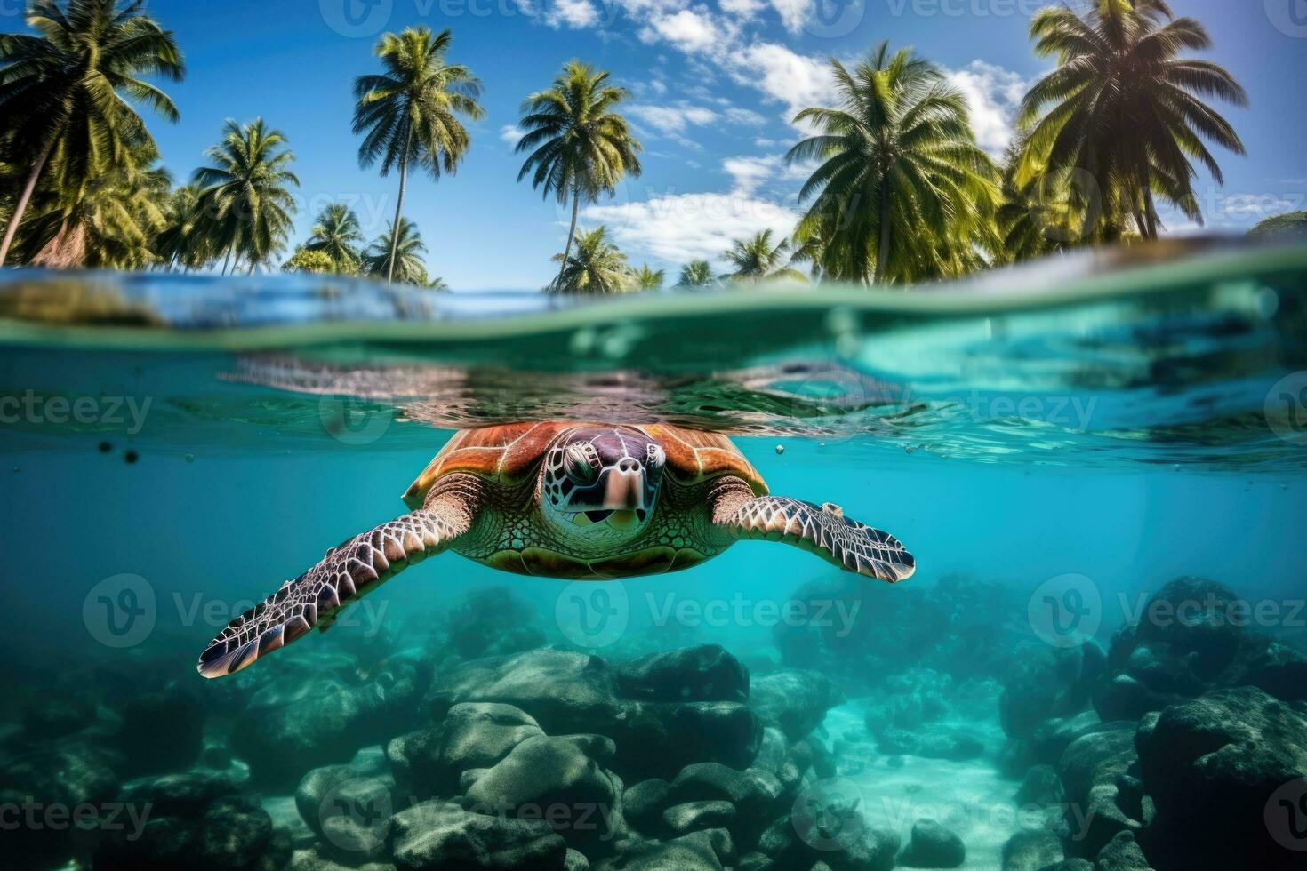 Meer Schildkröten Schwimmen Teilt Aussicht tropisch Insel mit Strand und Palmen Hintergrund mit leeren Raum zum Text foto