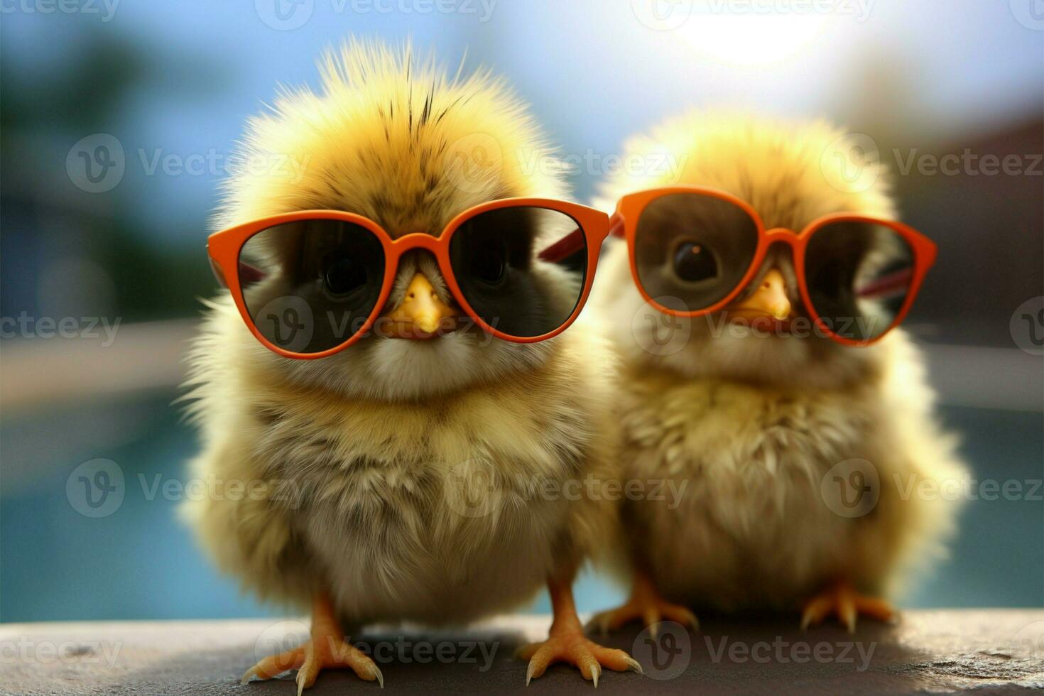 bezaubernd Baby Vogel im winzig Sonnenbrille, ein süß Zusatz zu das Bauernhof ai generiert foto