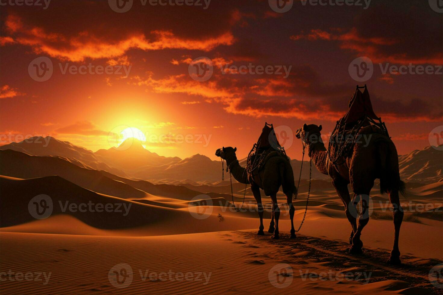 Wüste Sonnenaufgang leuchtet ein Linie von Kamele Kreuzung sandig Dünen ai generiert foto