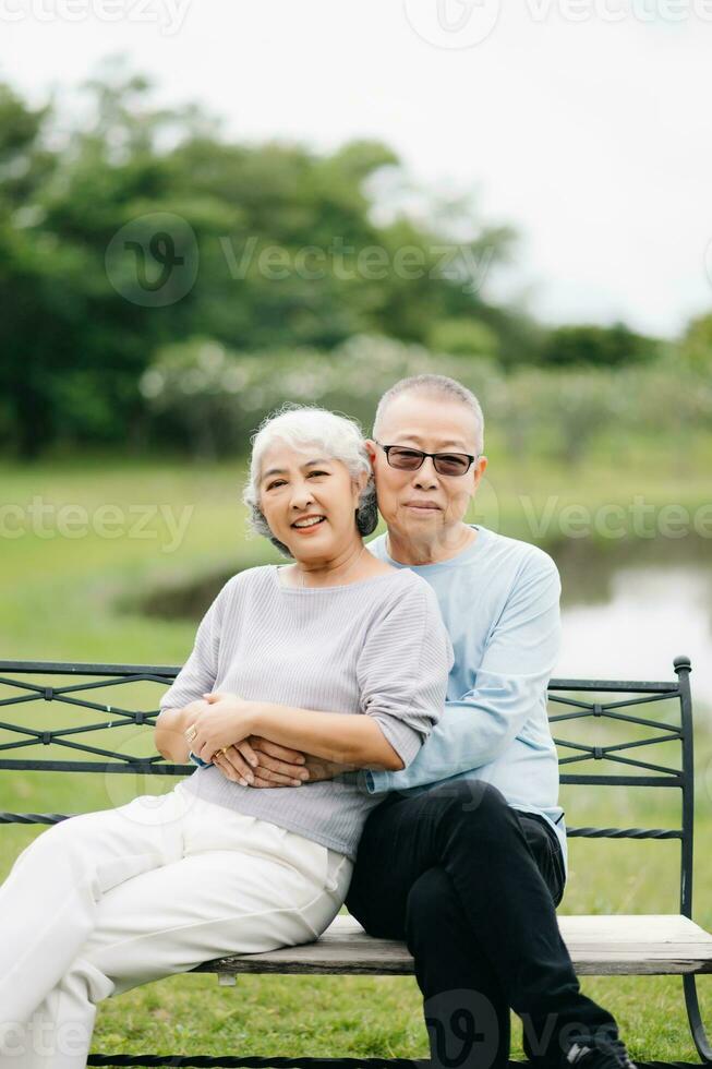 asiatisch Senior Paar haben ein gut Zeit. Sie Lachen und lächelnd während Sitzung draussen beim das Park. schön Senior Paar foto