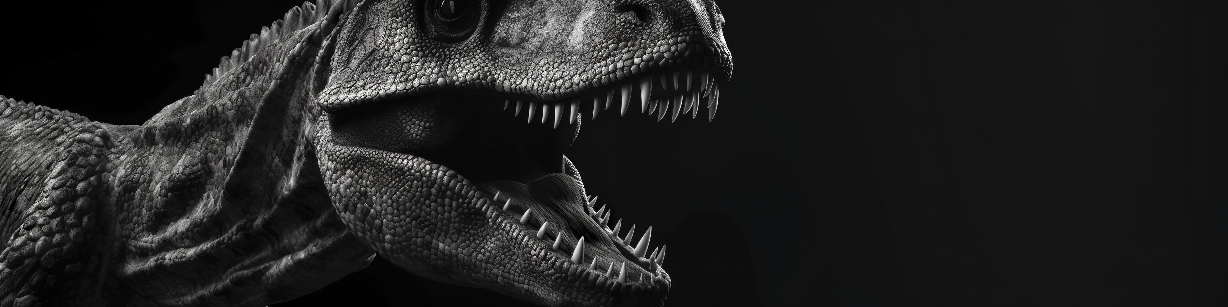 schwarz und Weiß fotorealistisch Studio Porträt von ein Tyrannosaurus rex auf schwarz Hintergrund. generativ ai foto