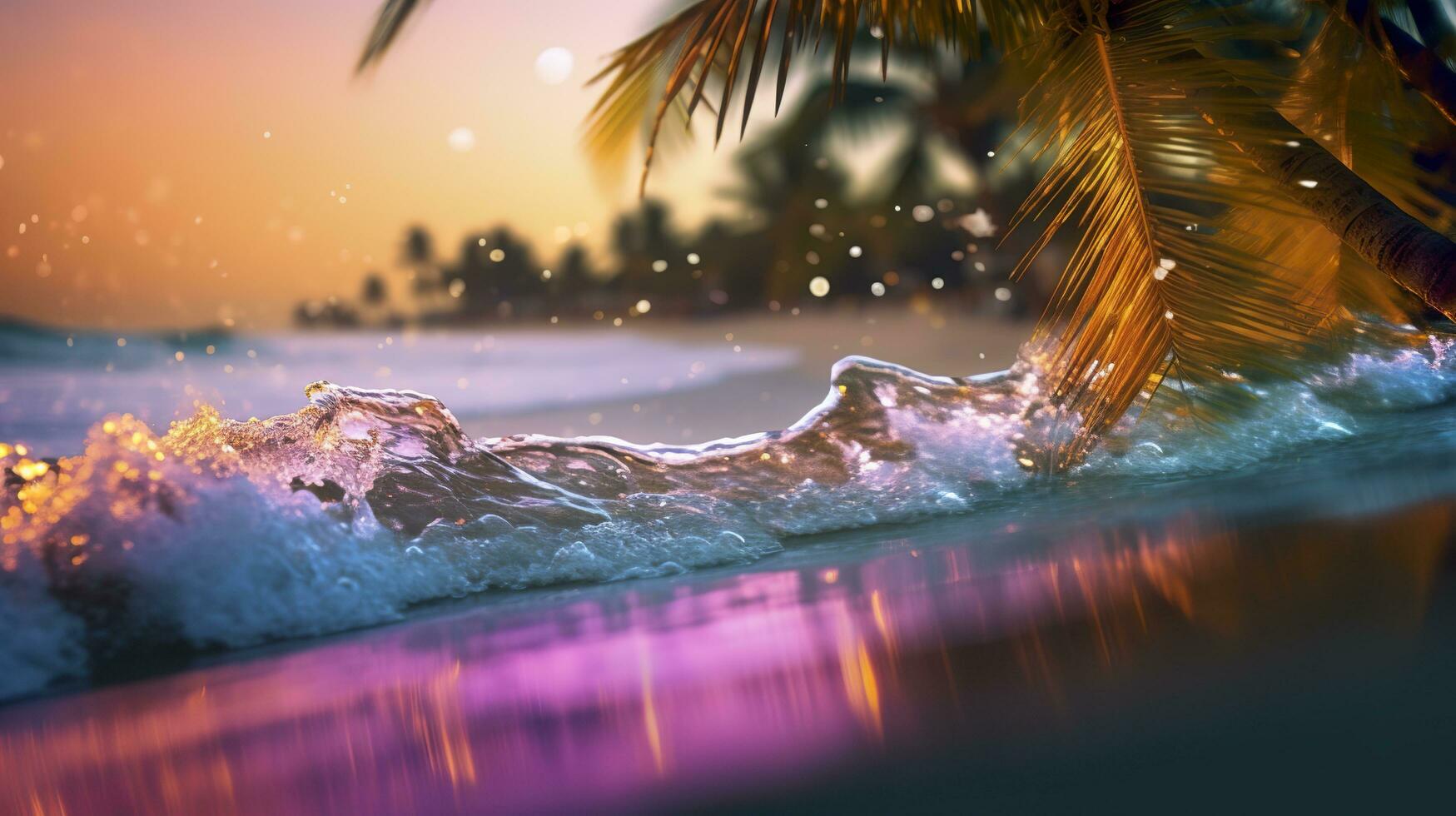 Strand mit Wellen und Kokosnuss Bäume beim Sonnenuntergang. generativ ai foto