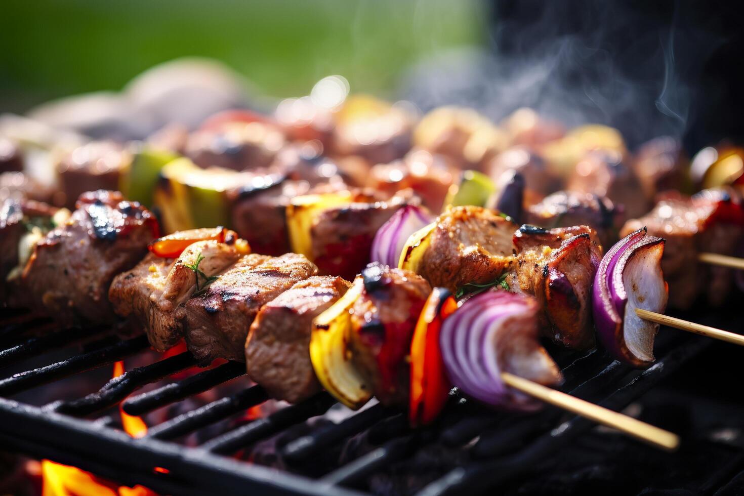 Grill Essen Party Sommer- Grillen Fleisch im das Nachmittag von Wochenende glücklich Party. ai generativ foto