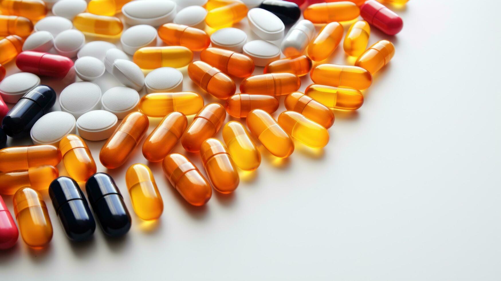 Nahansicht von Tabletten und Kapseln auf Weiß Hintergrund foto
