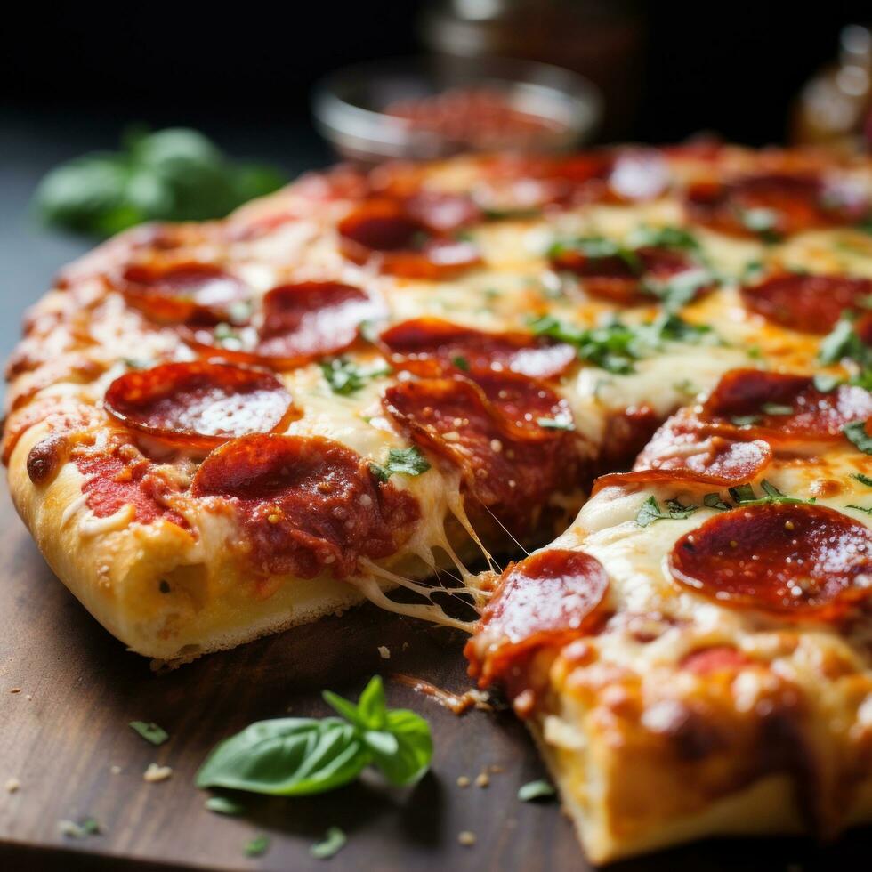 käsig und Bohnenkraut Peperoni Pizza Scheibe foto