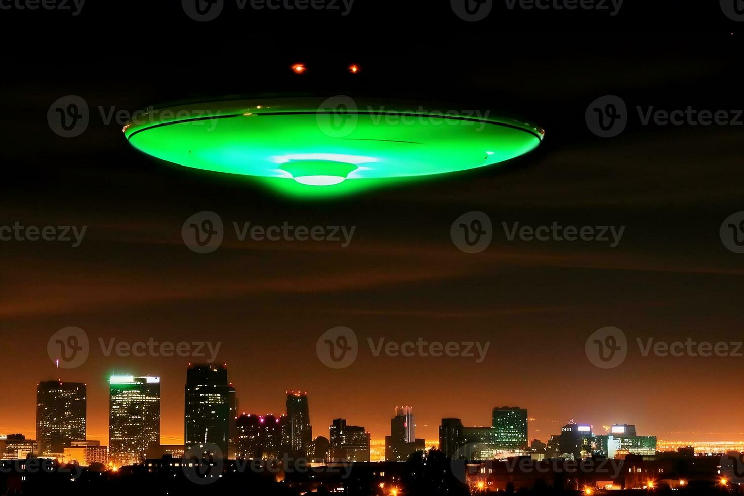 UFO Raumschiff Über das Stadt. neural Netzwerk ai generiert foto