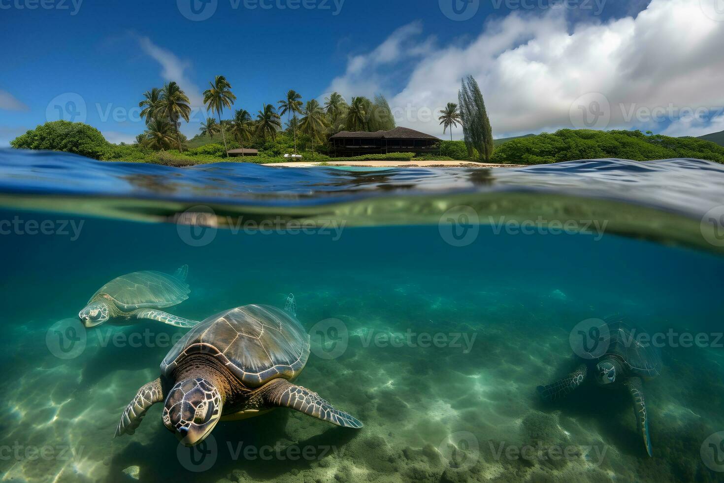 Meer Schildkröte schließen oben Über Koralle Riff im Hawaii. neural Netzwerk ai generiert foto