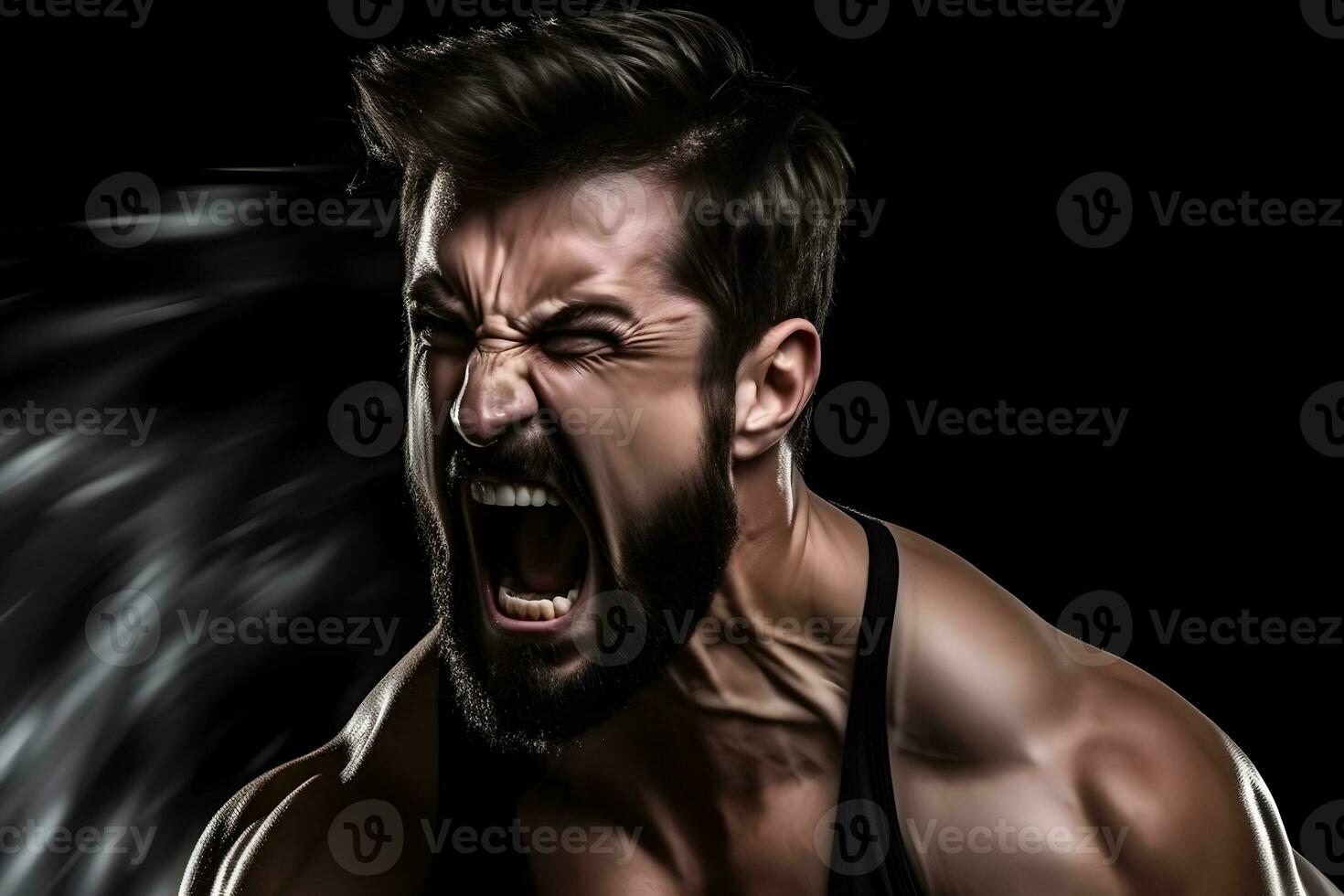 Bodybuilder Athlet schreiend auf schwarz Hintergrund. neural Netzwerk ai generiert foto