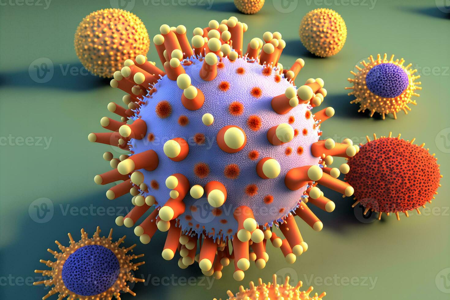 abstrakt Aussicht von Virus von Grippe oder covid 19 Roman Coronavirus durch Mikroskop. neural Netzwerk generiert Kunst foto