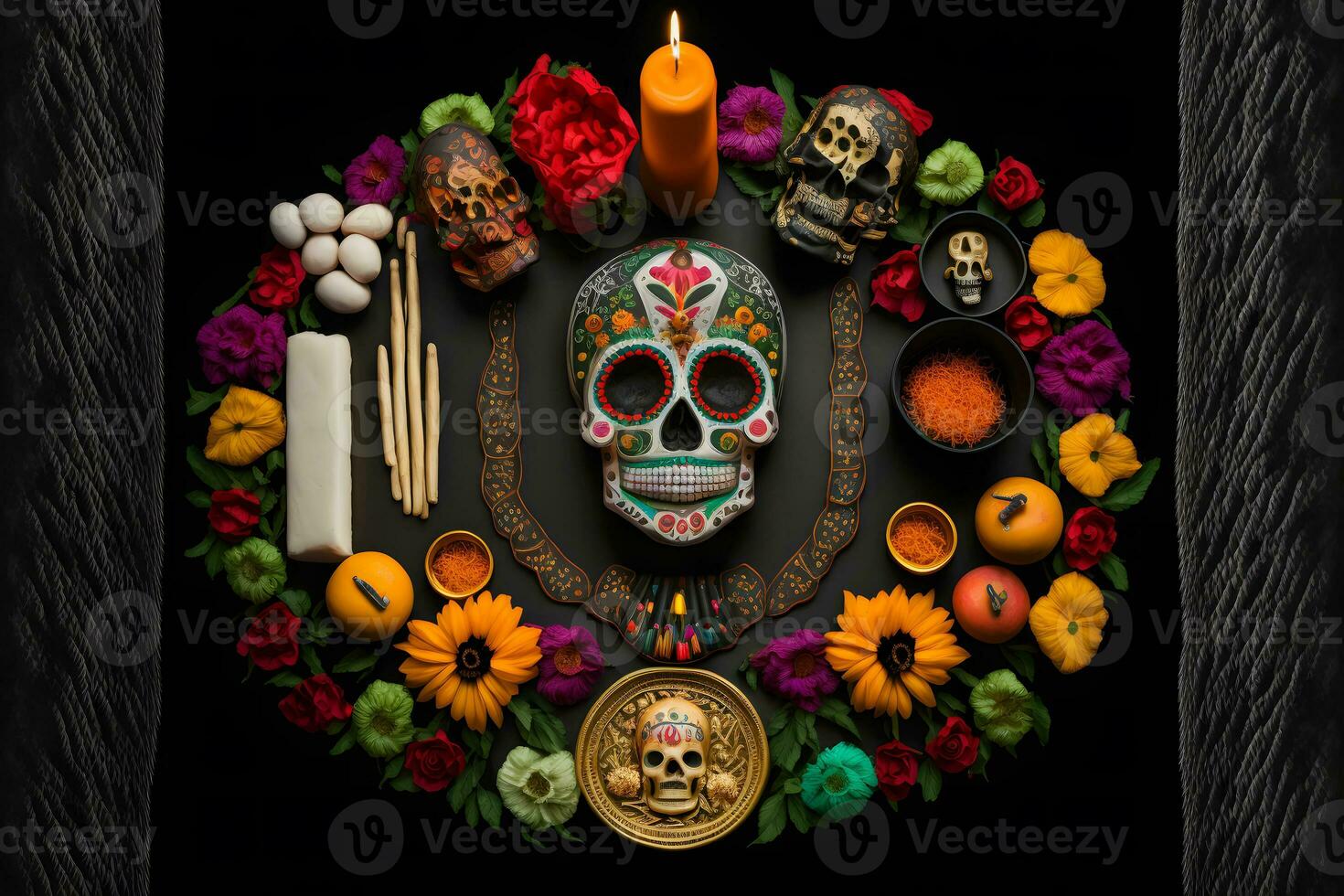 Komposition mit Schädel und Blumen zum Santa muerte feiern. neural Netzwerk generiert Kunst foto