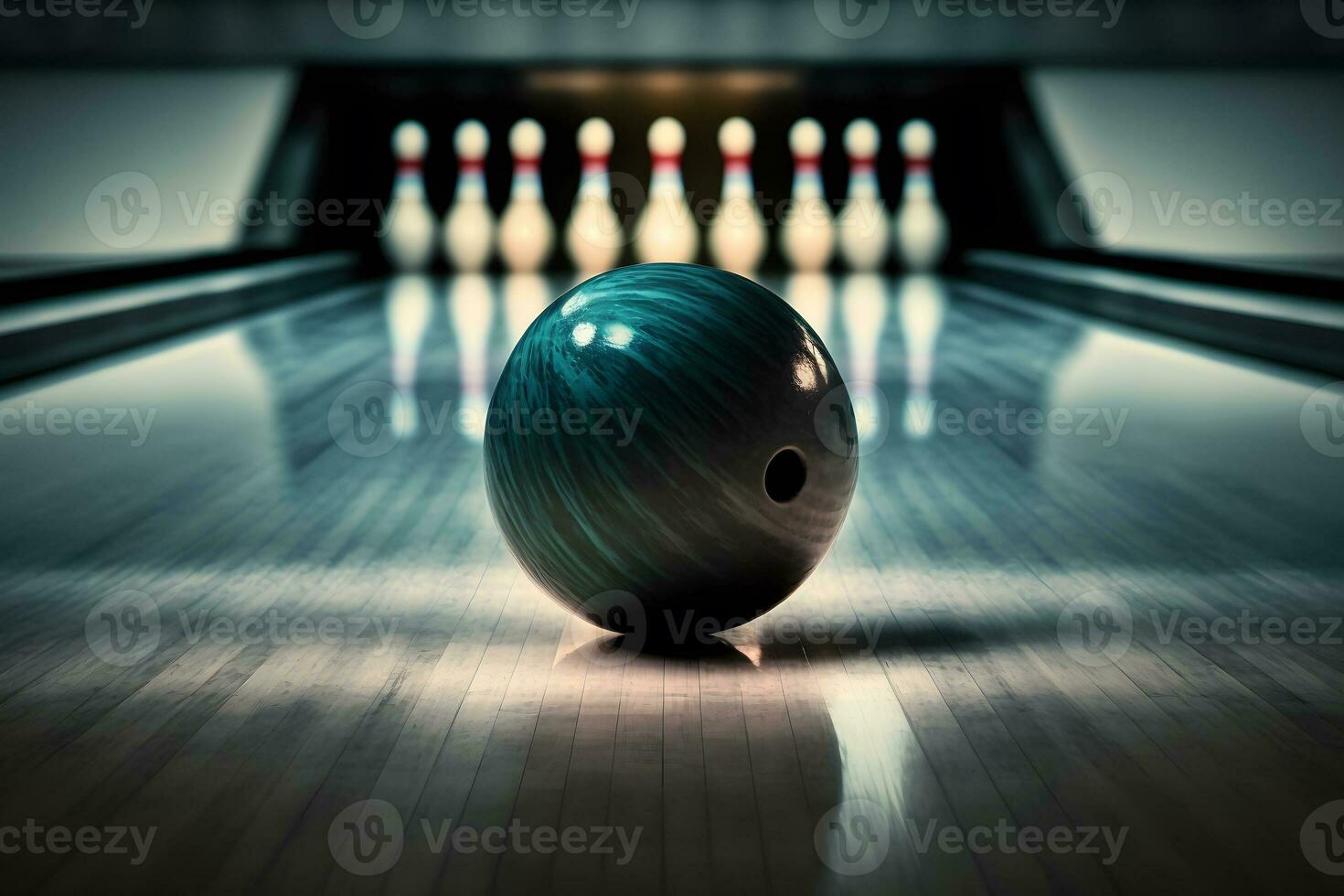 Bowling Ball Lügen auf Fahrbahn Start Position zum Bowling Spiel im Verein. neural Netzwerk generiert Kunst foto