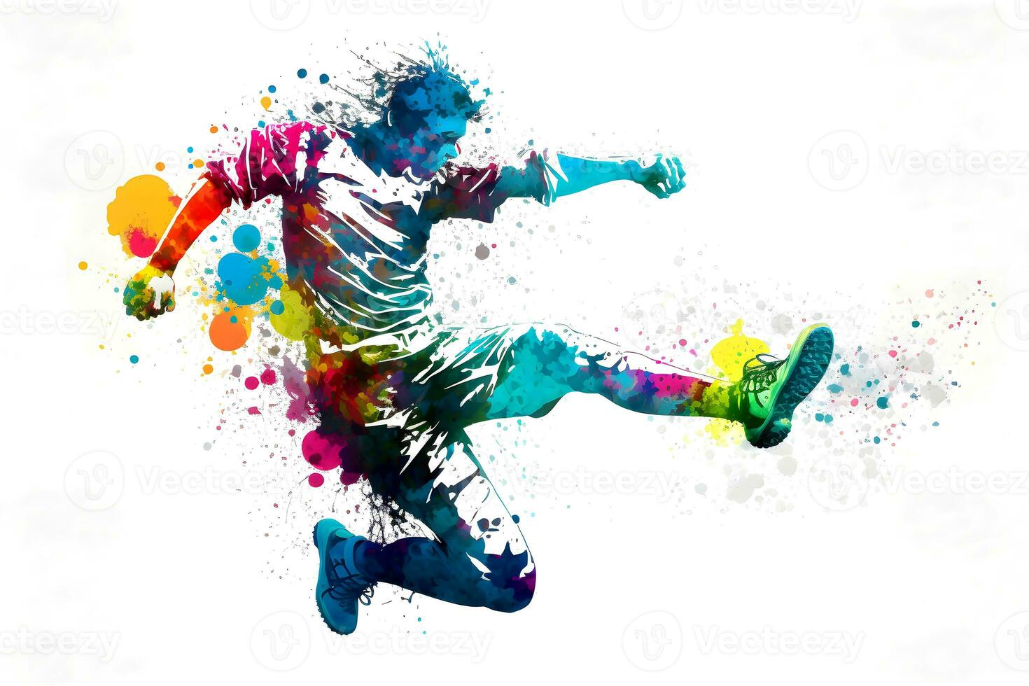 Fußball Fußball Spieler im Aktion mit Regenbogen Aquarell Spritzen. isoliert Weiß Hintergrund. neural Netzwerk generiert Kunst foto