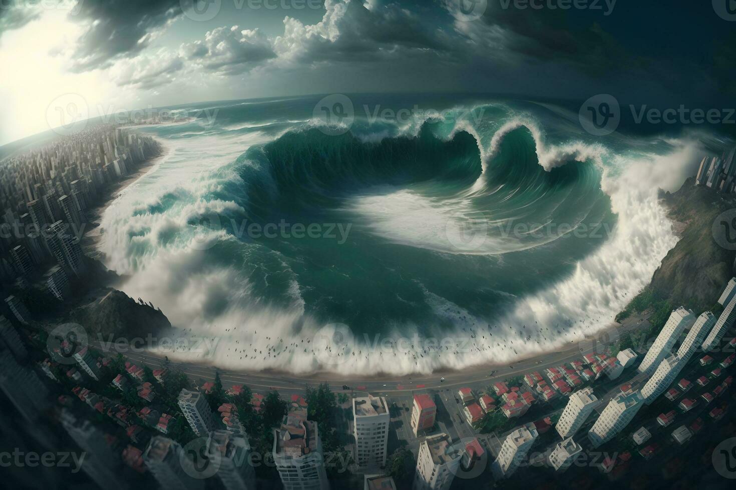 Tsunami Welle apokalyptisch Wasser Aussicht städtisch Flut Sturm. neural Netzwerk ai generiert foto
