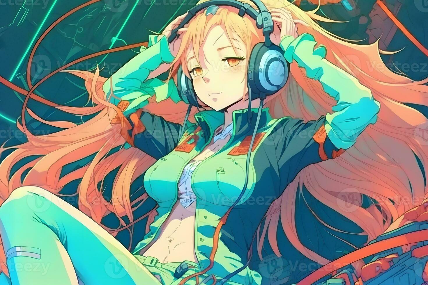 futuristisch Anime Stil Mädchen Hören zu Musik- mit Kopfhörer. neural Netzwerk ai generiert foto