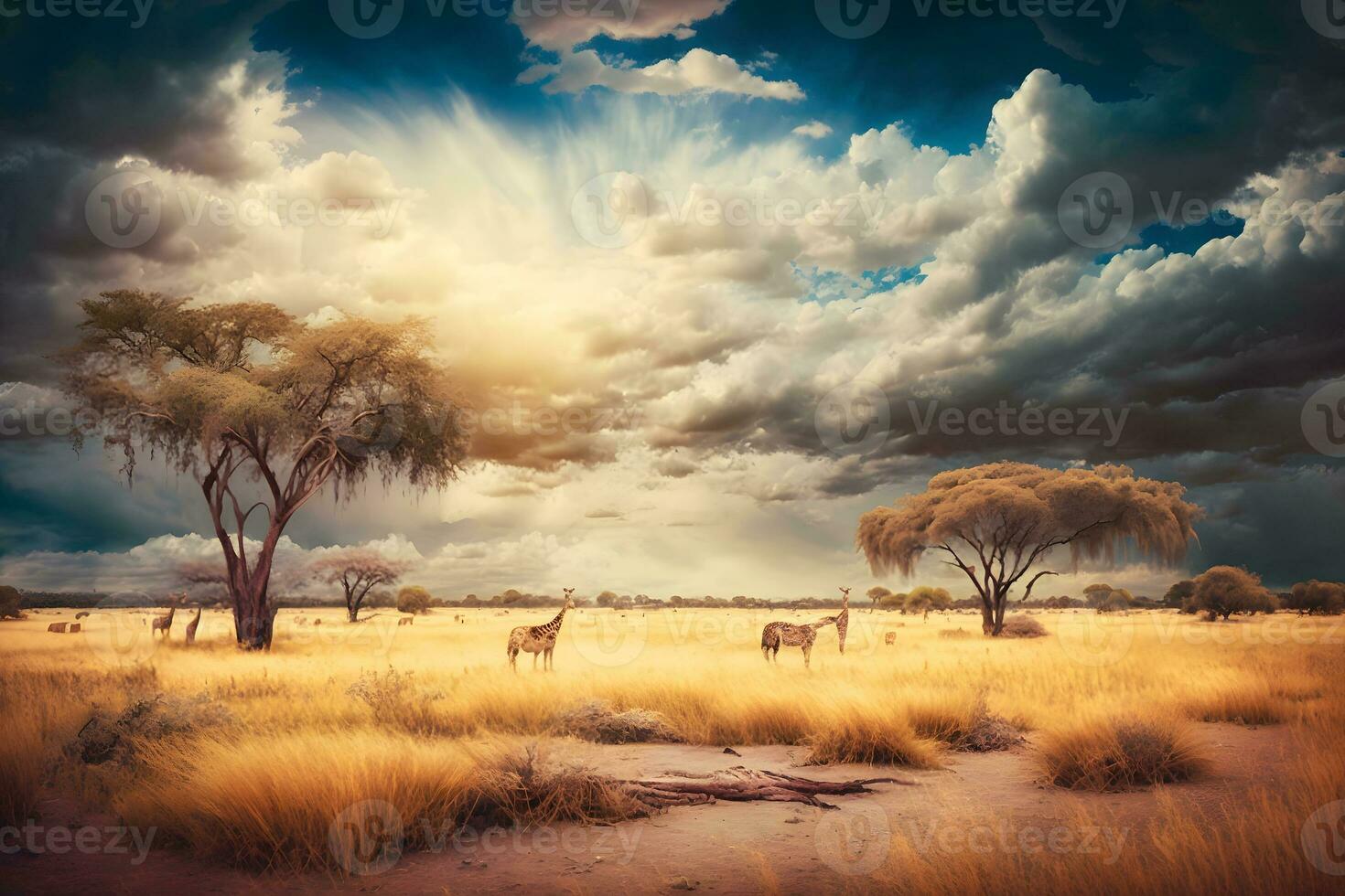 Sonnenaufgang Über das Savanne und Gras Felder im Süd Afrika mit wolkig Himmel. neural Netzwerk ai generiert foto