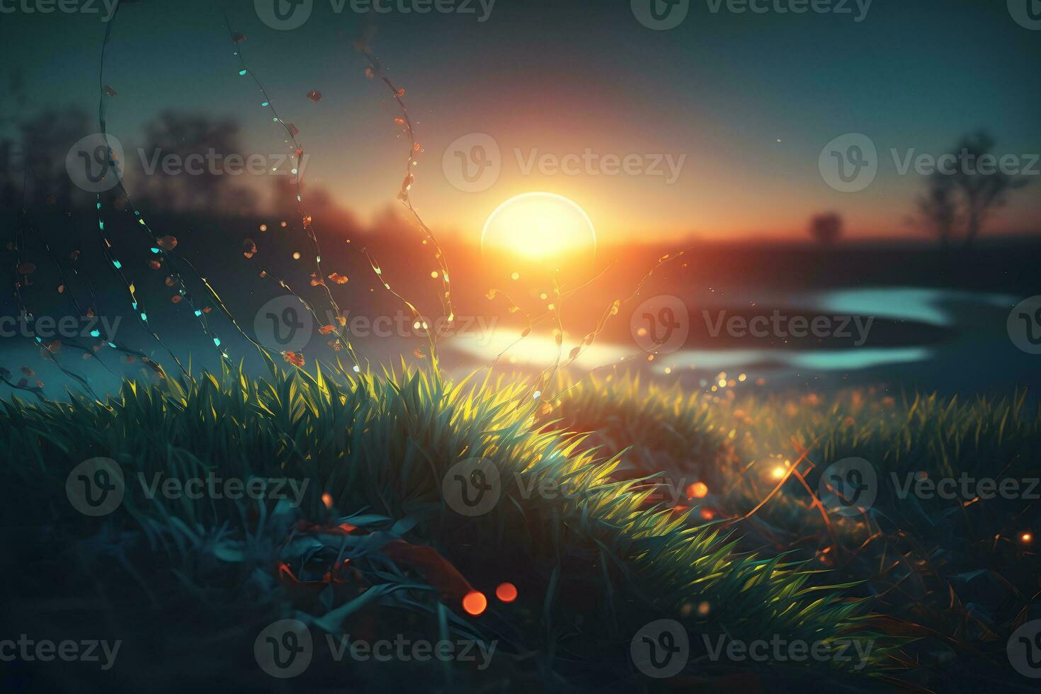 Gras gefüllt mit Tau auf ein Sonnenaufgang Morgen. neural Netzwerk ai generiert foto