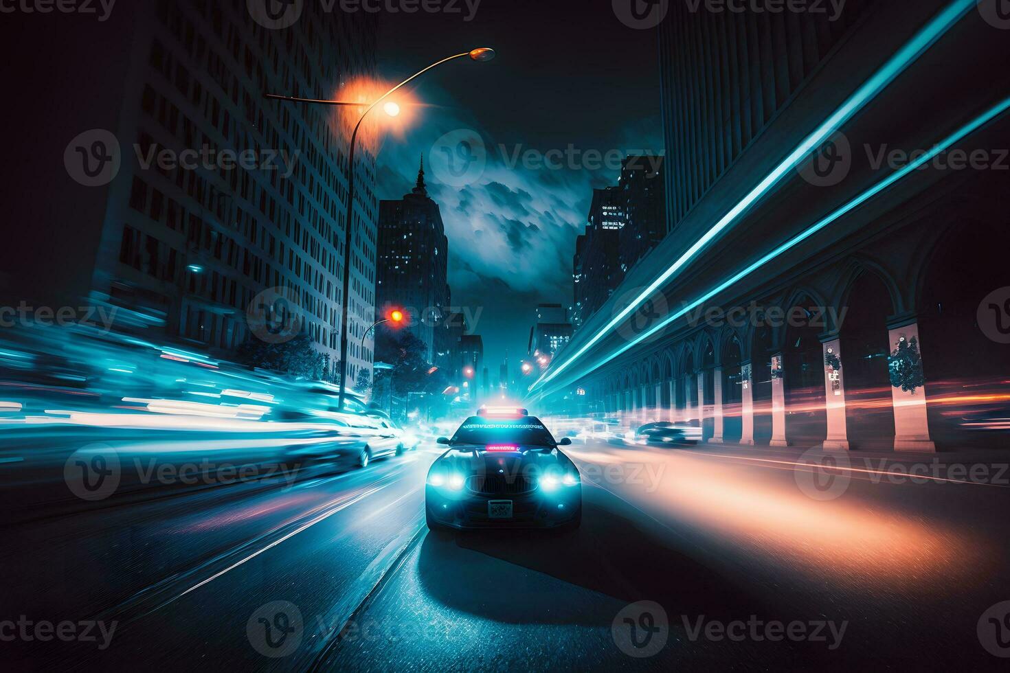 Polizei Auto im ein regnerisch Nacht Stadt. neural Netzwerk ai generiert foto