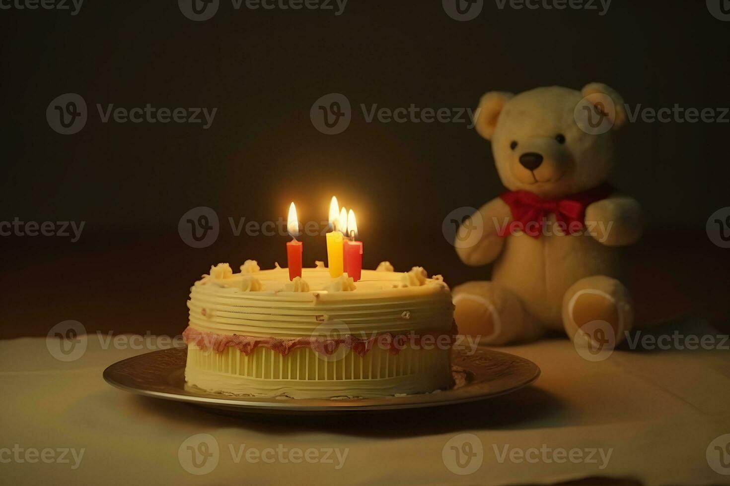Teddy Bär tragen Geburtstag Hut und ein Geburtstag Kuchen. neural Netzwerk ai generiert foto