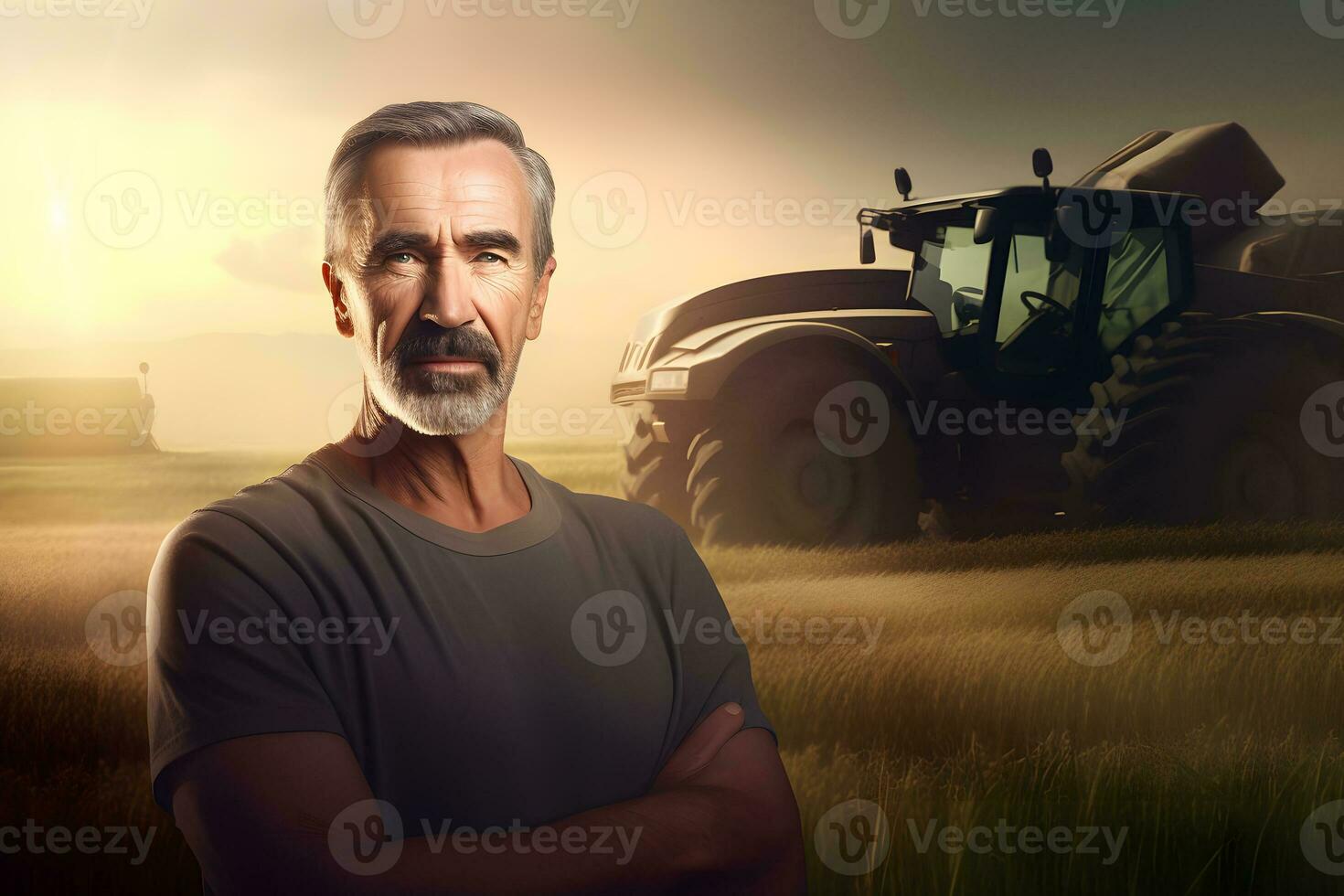 Farmer und landwirtschaftlich Traktor im das Feld. neural Netzwerk ai generiert foto