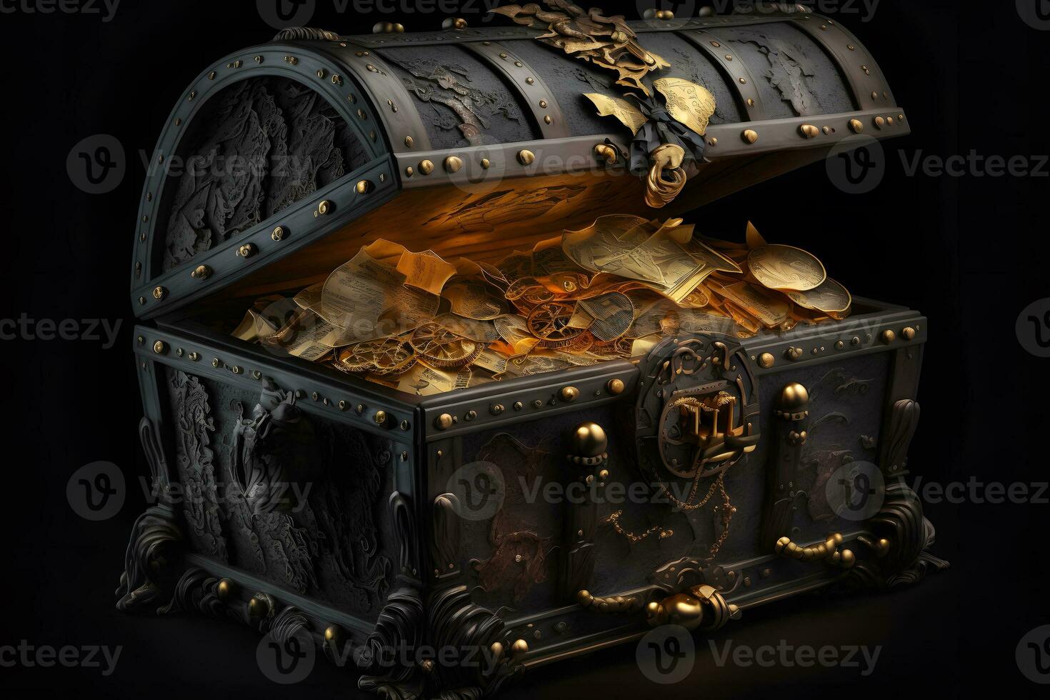 öffnen Schatz Truhe gefüllt mit Gold Münzen und teuer Piraten Beute auf schwarz Hintergrund. neural Netzwerk generiert Kunst foto