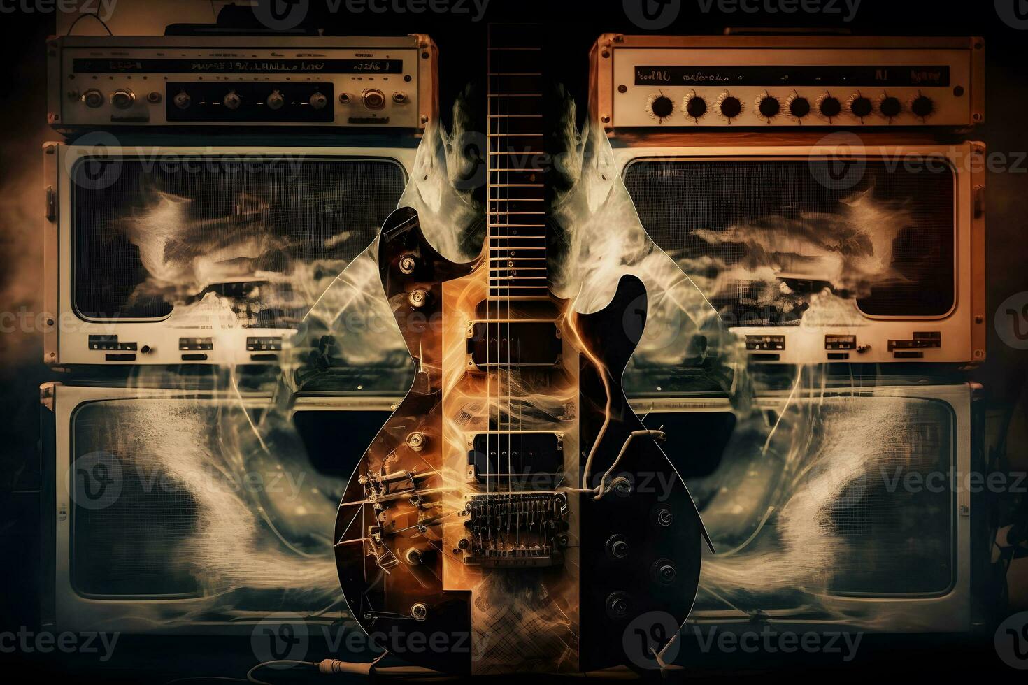 schließen oben von elektrisch Gitarre Einzelheiten auf doppelt Exposition Musical Hintergrund. neural Netzwerk ai generiert foto