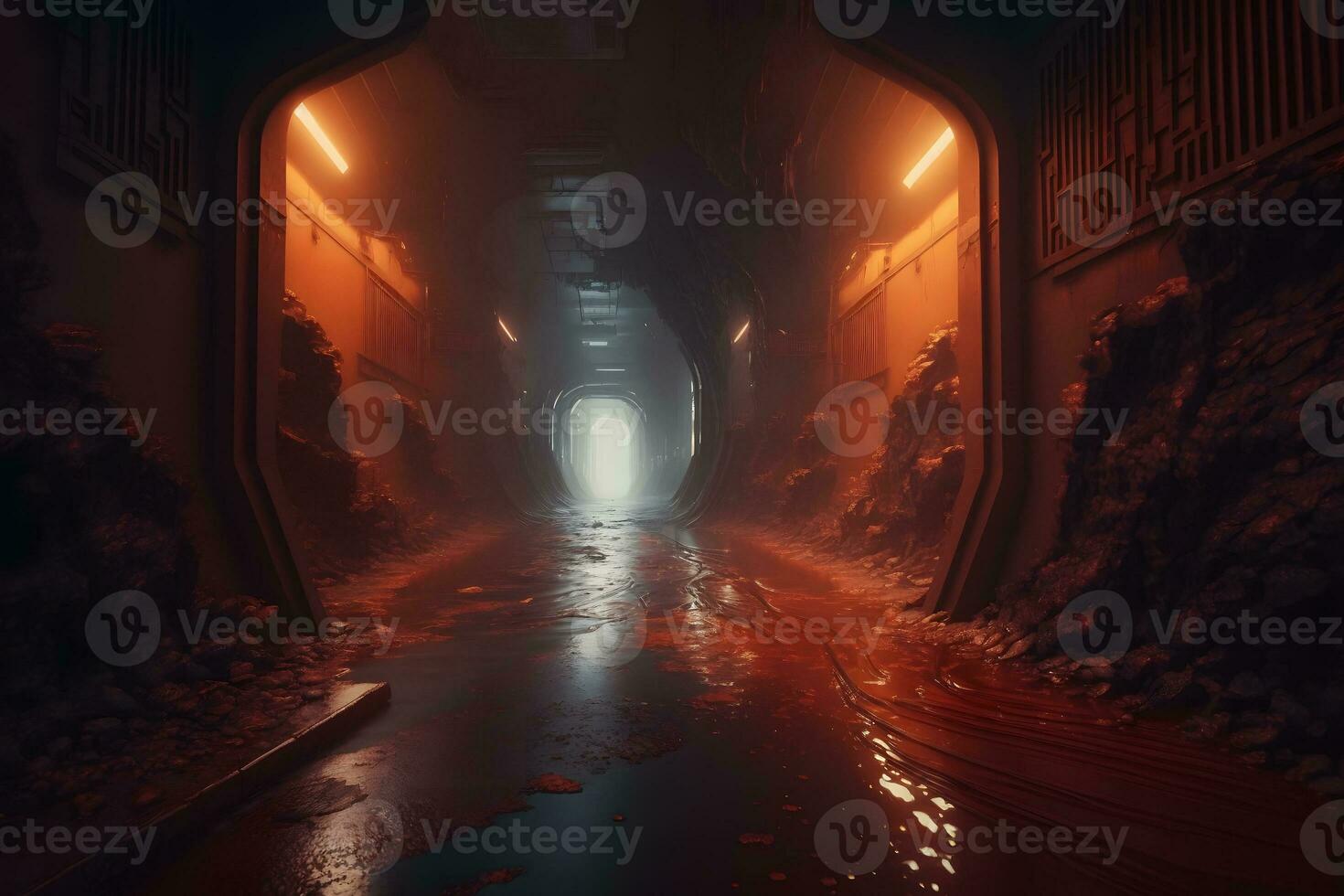 Post-apokalyptischen Tunnel nach Regen mit Orange radioaktiv Staub. neural Netzwerk ai generiert foto