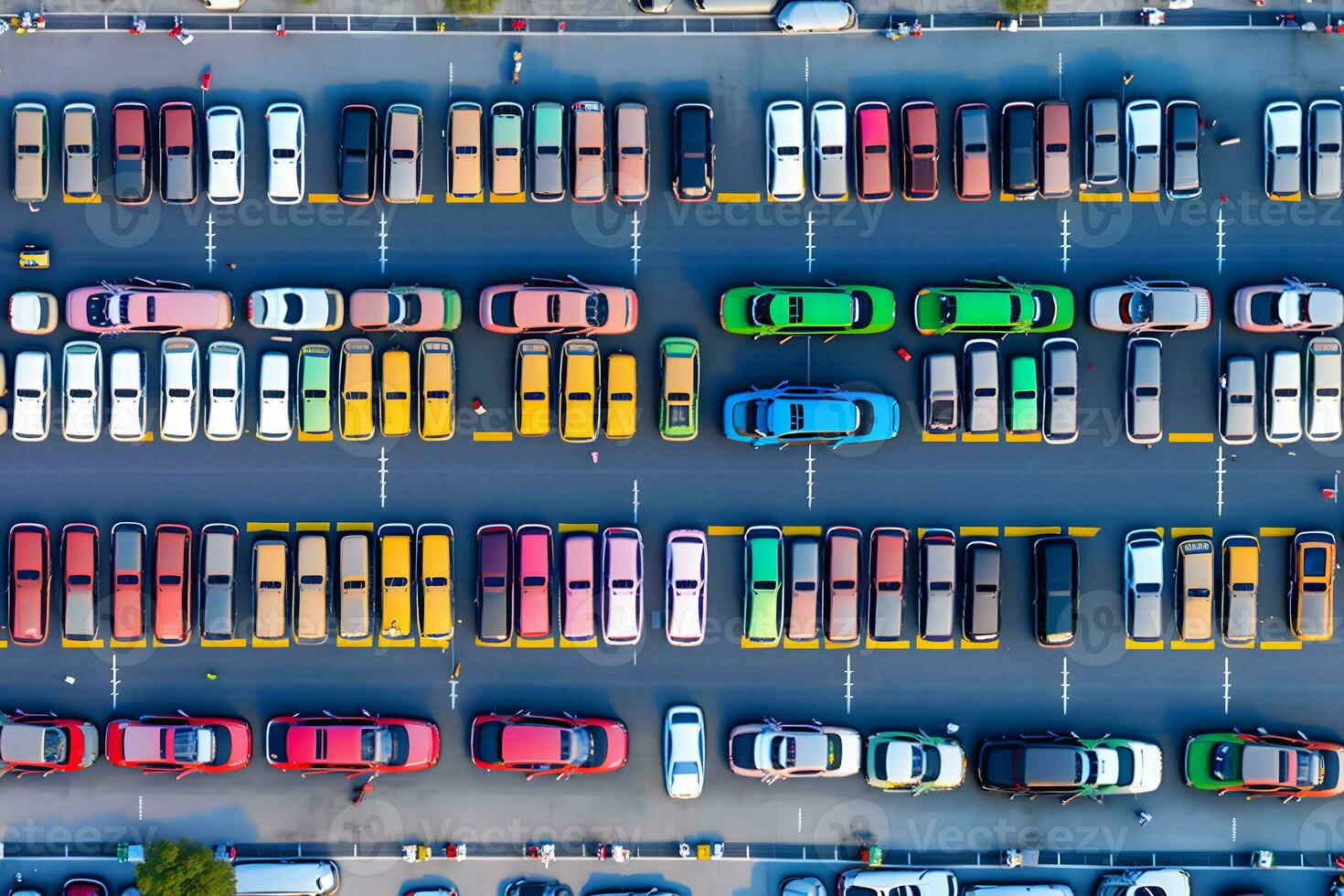 Parks gefüllt mit Autos, oben Sicht. neural Netzwerk ai generiert foto