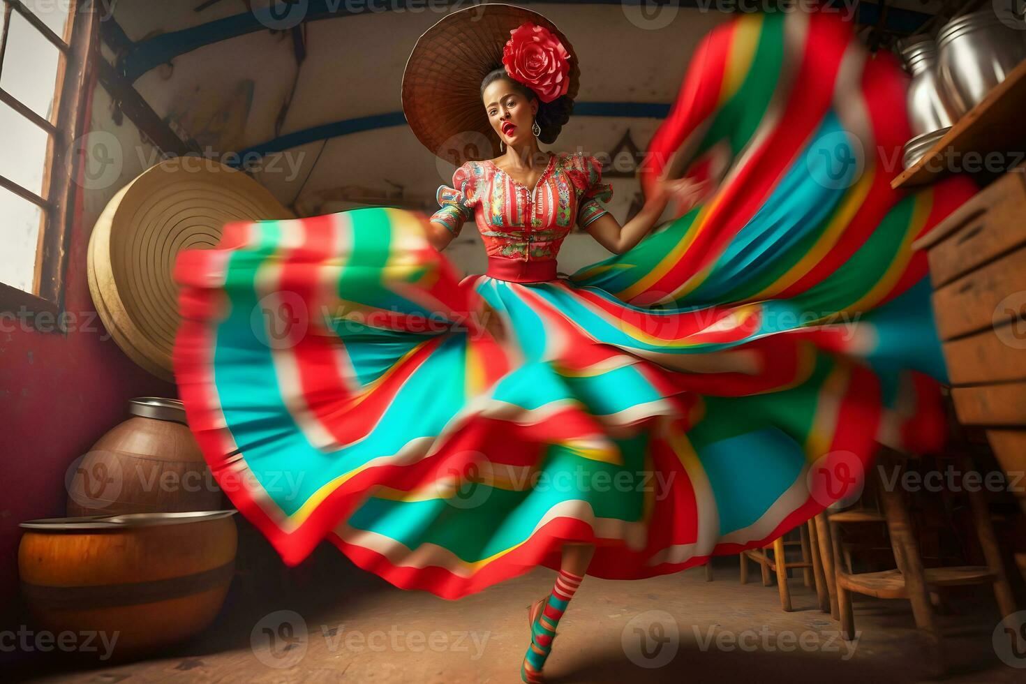 Tänzer nimmt teil beim das cinco de Mayo Festival im Bewegung. neural Netzwerk ai generiert foto