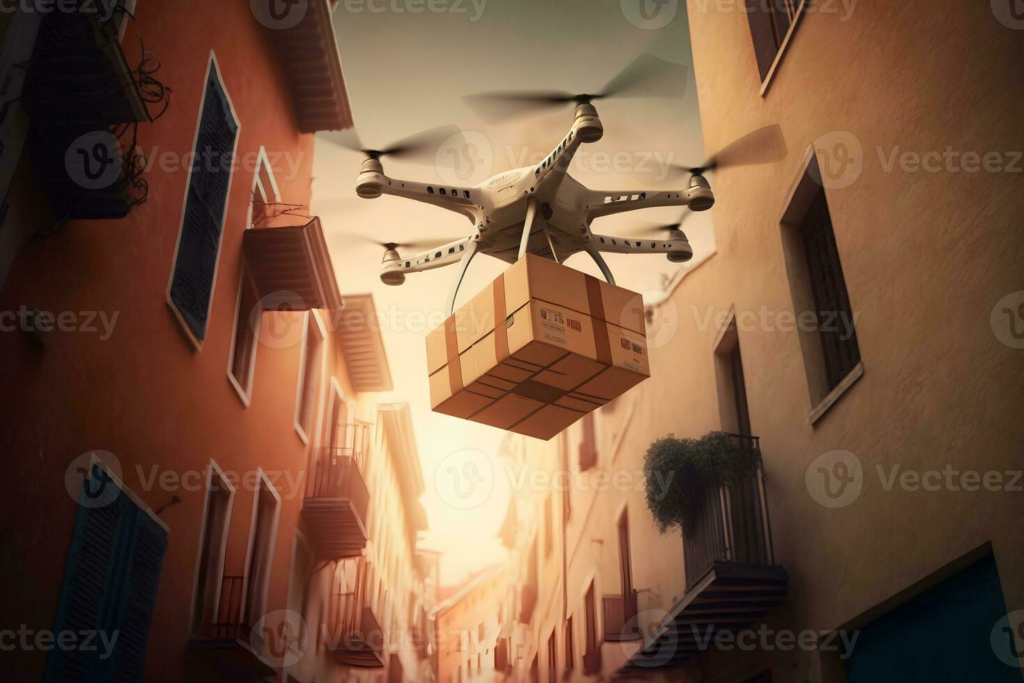 Drohne Lieferung liefern groß braun Post Paket in städtisch Stadt. neural Netzwerk ai generiert foto