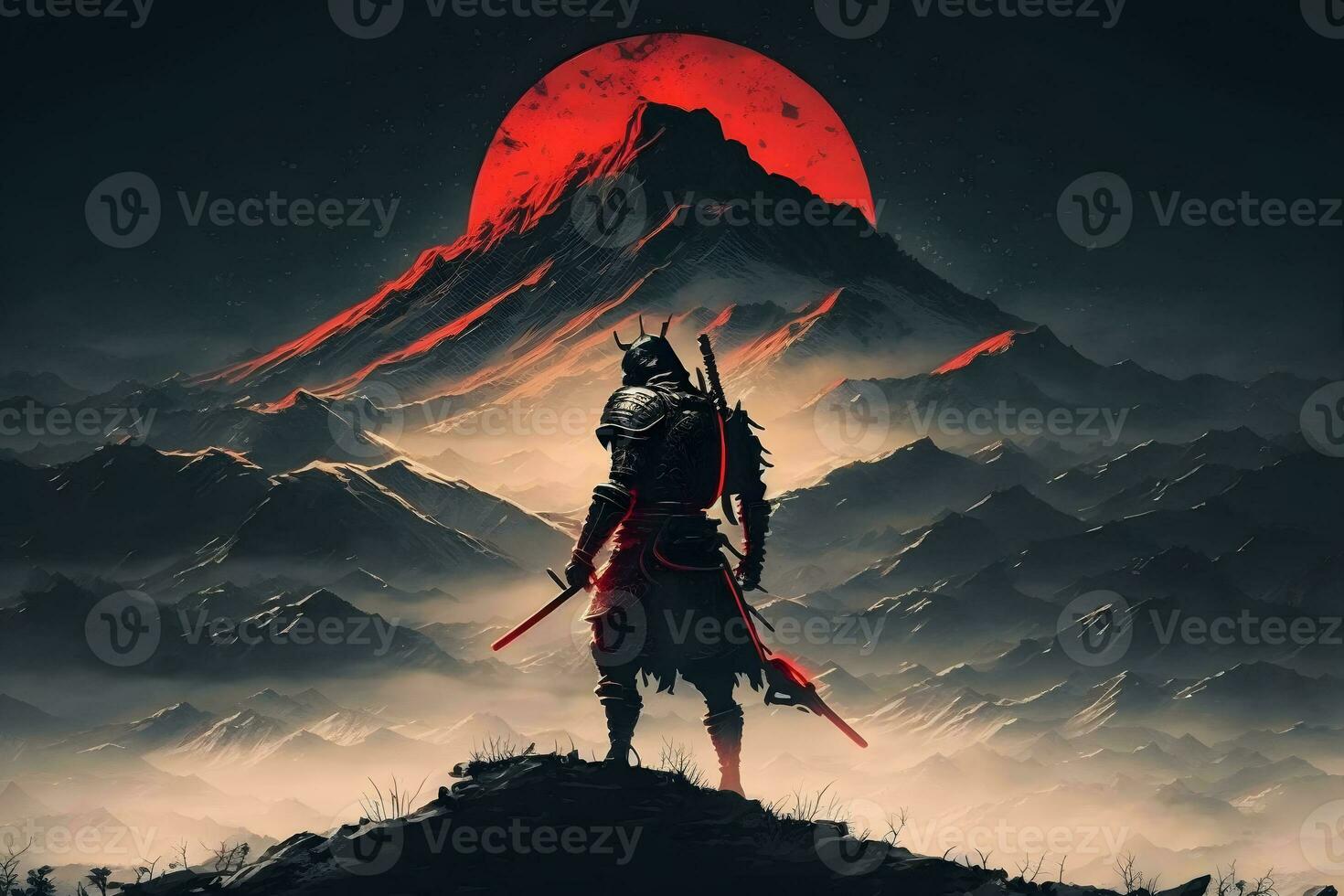 Samurai Krieger auf das Hintergrund von das Mond. Karikatur Fantasie. neural Netzwerk ai generiert foto