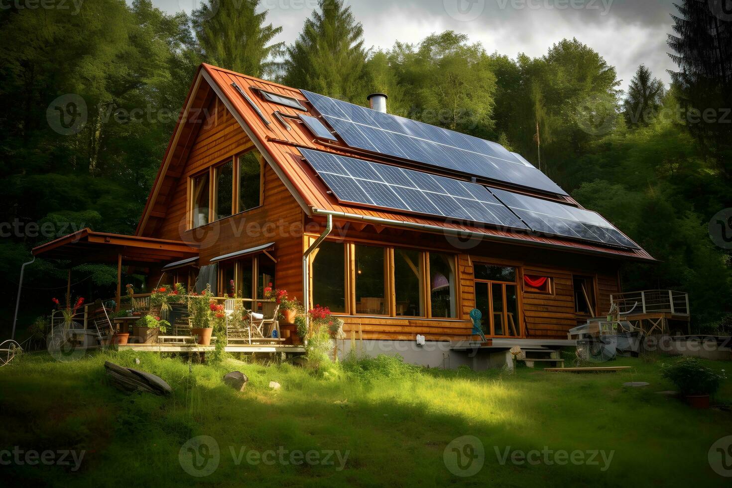 Solar- Paneele auf ein Privat Haus. neural Netzwerk ai generiert foto