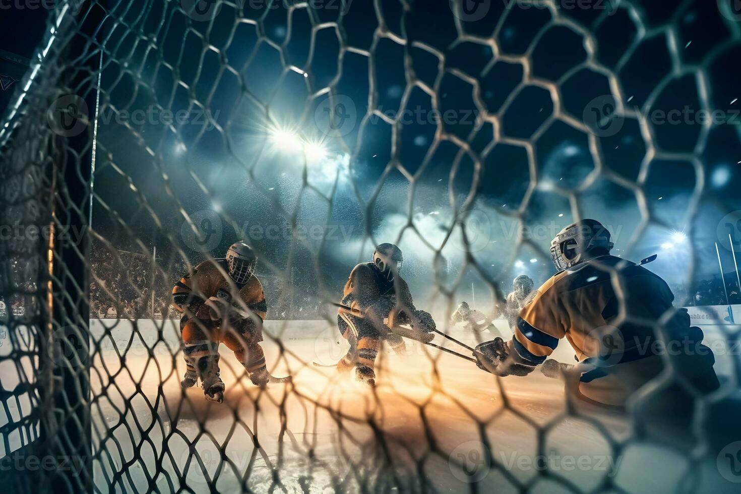 Eis Eishockey Torwart Spieler auf Tor im Aktion. neural Netzwerk ai generiert foto