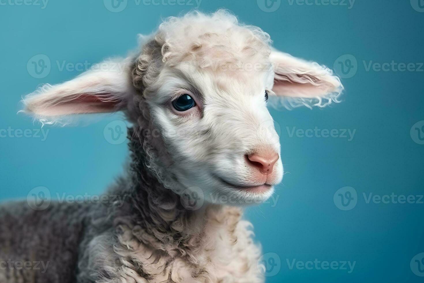 süß Weiß Schaf auf ein Blau Hintergrund. neural Netzwerk ai generiert foto