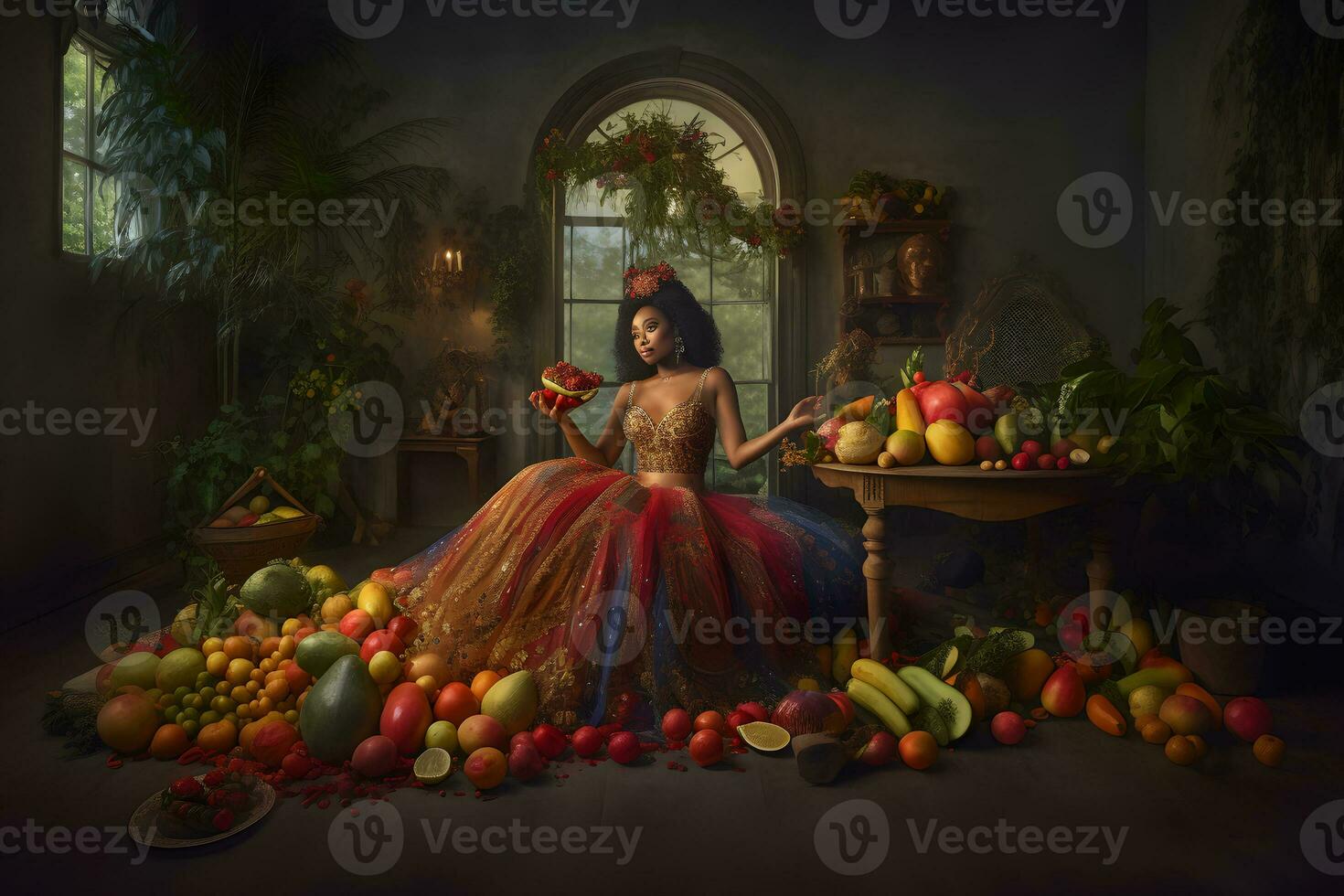 modisch Frau im Obst Stil Kleid. neural Netzwerk ai generiert foto