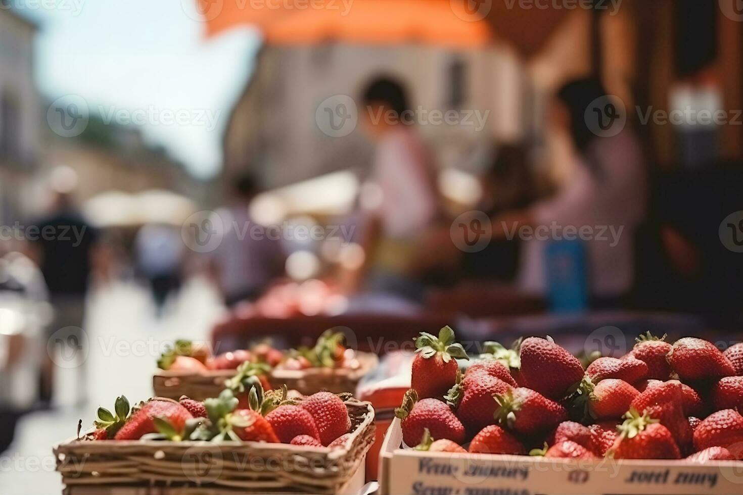 Ernte Erdbeeren. Verpackung Erdbeeren im Kisten zum Verkauf. neural Netzwerk ai generiert foto