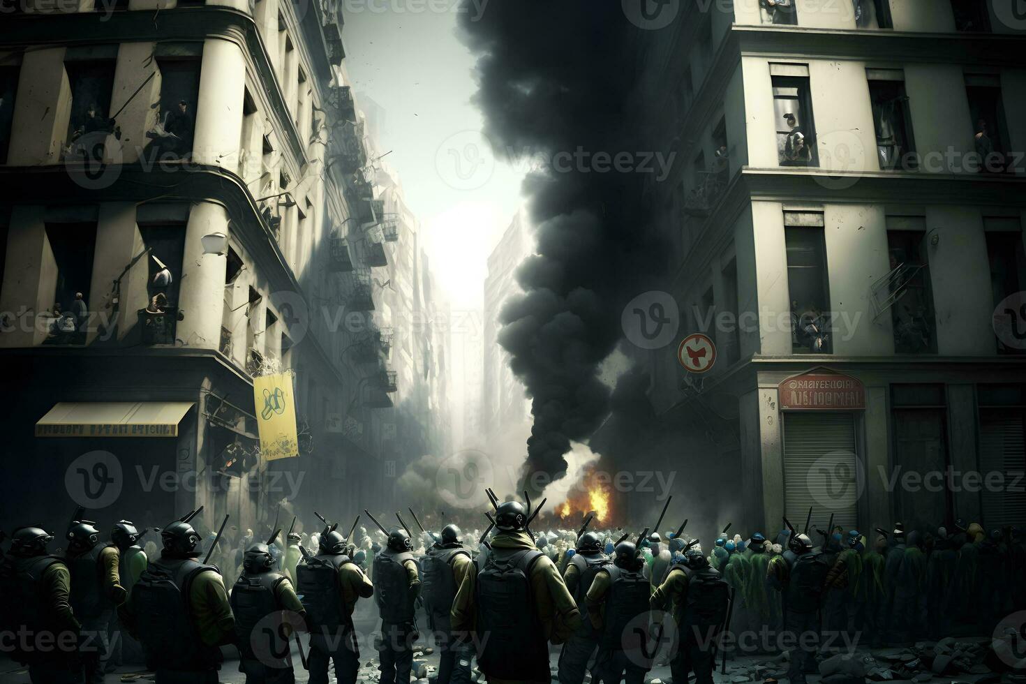 Konzept Kunst von Unruhen Straßen auf Feuer, Silhouetten von wütend Menschen protestieren im ein Revolution. neural Netzwerk generiert Kunst foto