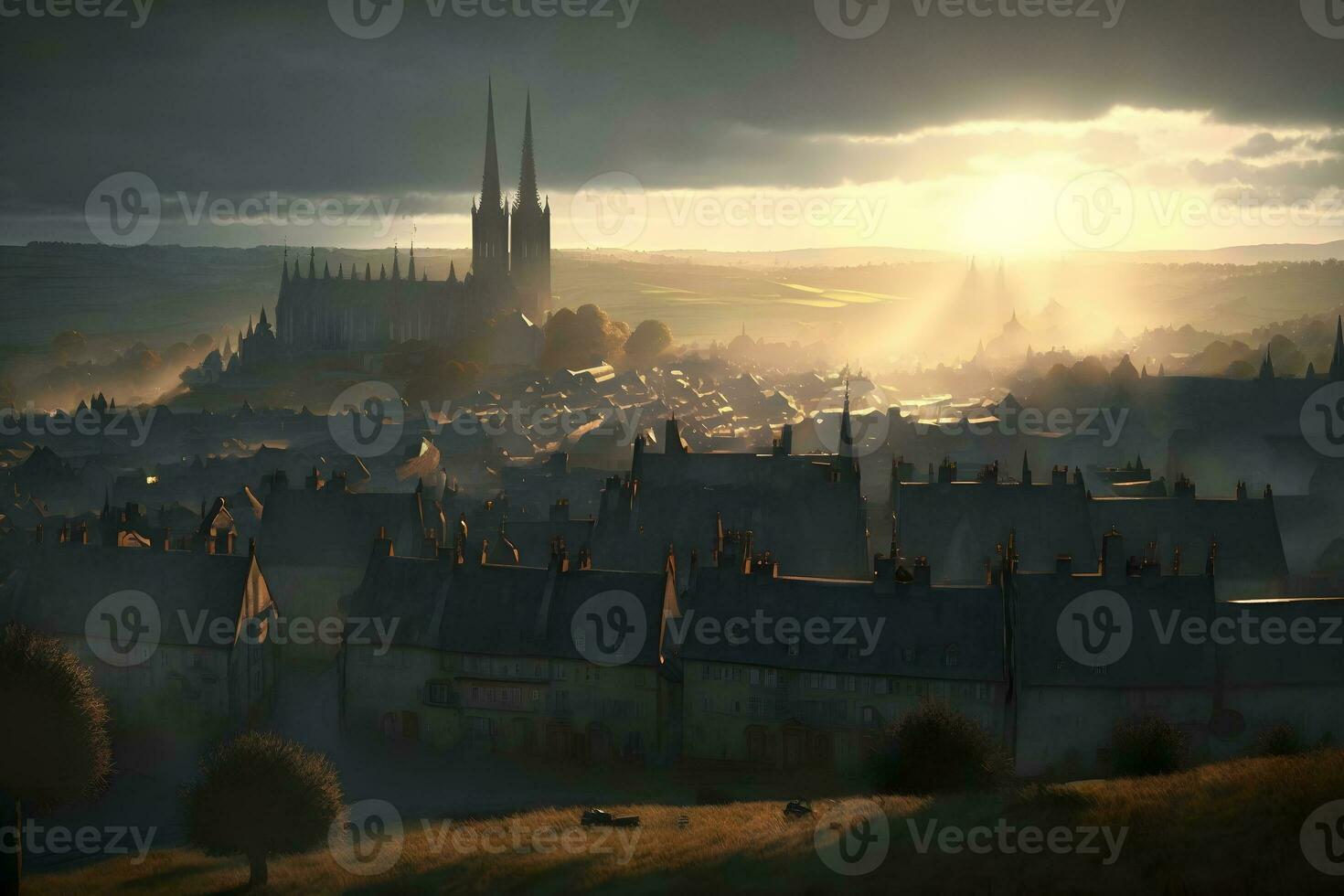 Sonnenaufgang im alt europäisch Stadt Landschaft. neural Netzwerk ai generiert foto