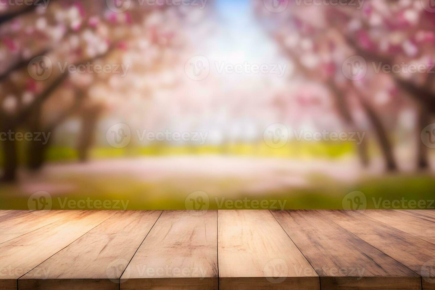 Frühling saisonal von Rosa Sakura Ast mit hölzern Tabelle Stand, Blume Hintergrund. neural Netzwerk ai generiert foto