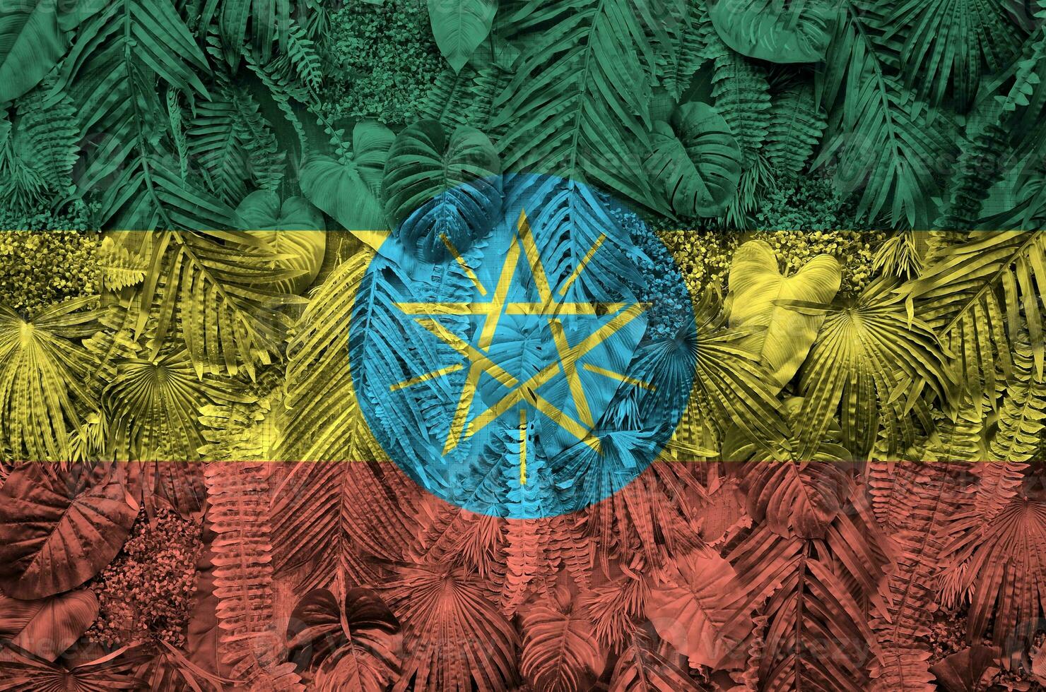 Äthiopien Flagge abgebildet auf viele Blätter von Monstera Palme Bäume. modisch modisch Hintergrund foto